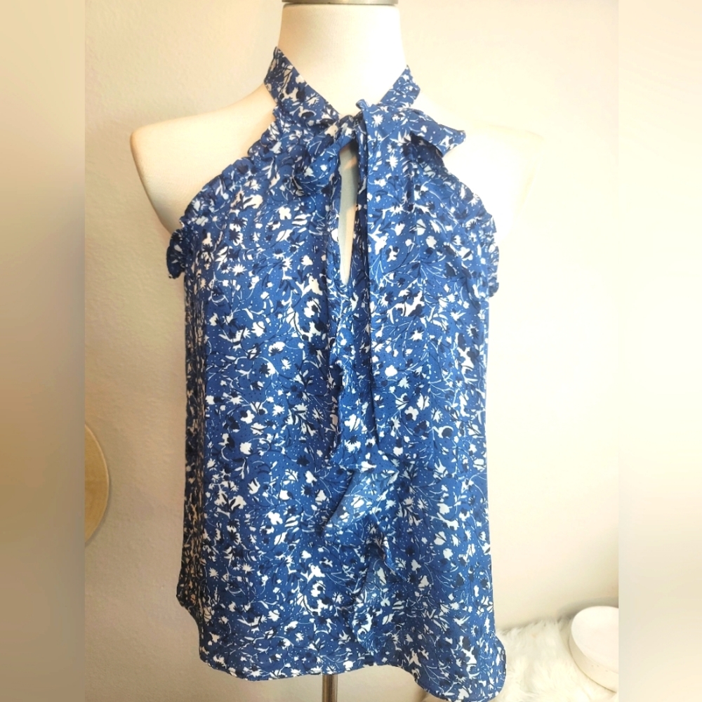 PARKER HALTER SLEEVELESS FLORAL BLUE RUFFLE TOP WOMENS SIZE MEDIUM
